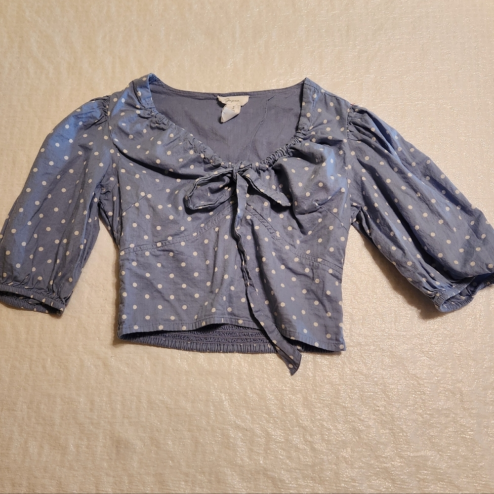 Japna women's blue polka-dot 3/4 puff sleeve crop top. Size small